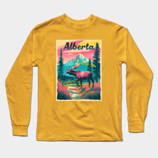 Alberta Canada Moose Mountain Trees Retro Risograph Souvenir Long Sleeve T-Shirt